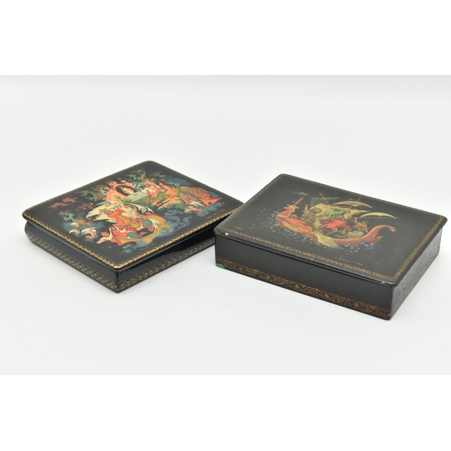 221 - TWO SECOND HALF 2OTH CENTURY RUSSIAN LACQUER BOXES OF RECTANGULAR FORM, hand painted figural scenes ... 