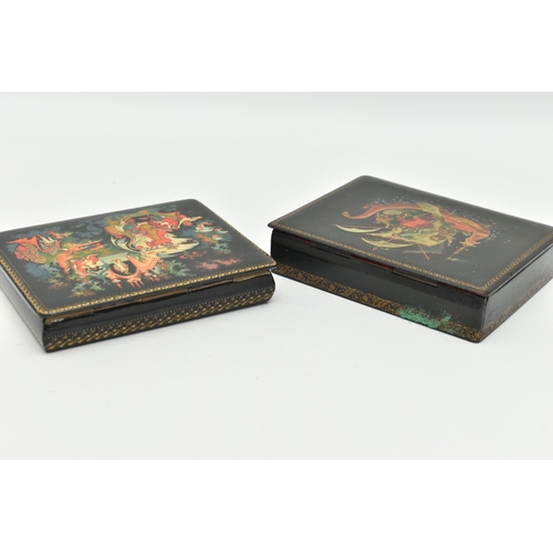 221 - TWO SECOND HALF 2OTH CENTURY RUSSIAN LACQUER BOXES OF RECTANGULAR FORM, hand painted figural scenes ... 