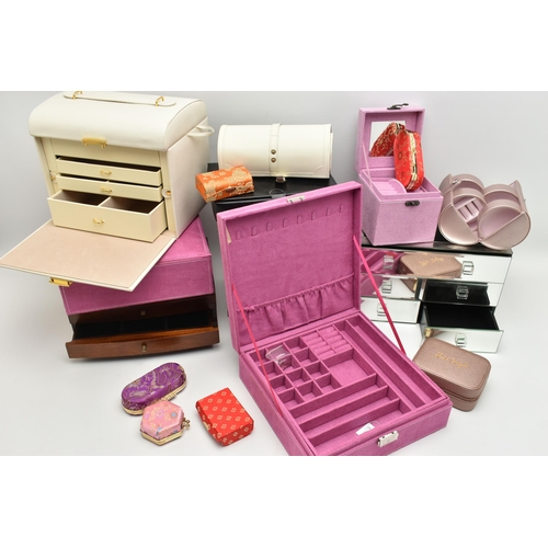 202 - ASSORTED JEWELLERY BOXES, to include two multi storage wooden jewellery boxes, a six drawer mirror j... 