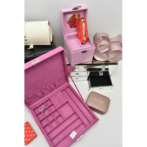 202 - ASSORTED JEWELLERY BOXES, to include two multi storage wooden jewellery boxes, a six drawer mirror j... 