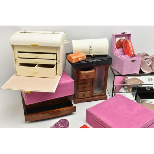 202 - ASSORTED JEWELLERY BOXES, to include two multi storage wooden jewellery boxes, a six drawer mirror j... 