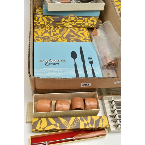 203 - A BOX OF ASSORTED 'SANENWOOD LONDON' CUTLERY, a boxed set of eight dessert spoons, a boxed set of ei... 