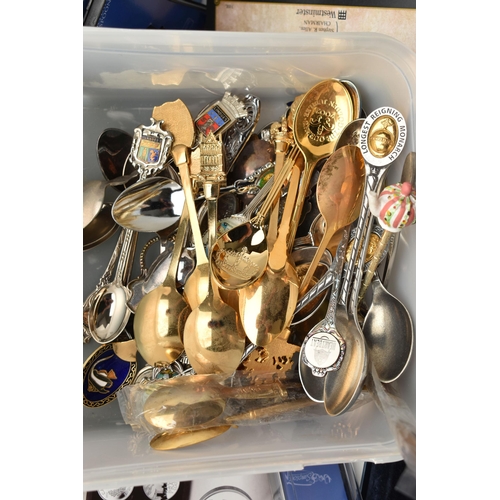 205 - A BOX OF ASSORTED TEASPOONS AND CASES, to include small box of assorted souvenir and commemorative s... 