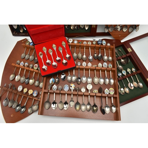 206 - A BOX OF ASSORTED TEASPOONS AND CASES, to include six wooden display cases, displaying and assortmen... 