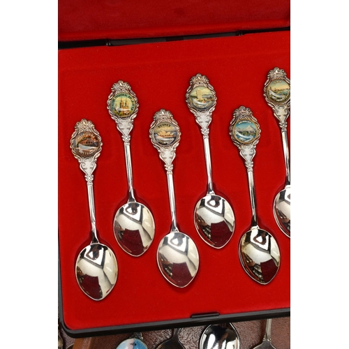 206 - A BOX OF ASSORTED TEASPOONS AND CASES, to include six wooden display cases, displaying and assortmen... 