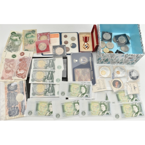 207 - A SMALL CARDBOARD BOX CONTAINING MIXED COINAGE, to include Banknotes Peppiatt X65H circulated, page ... 