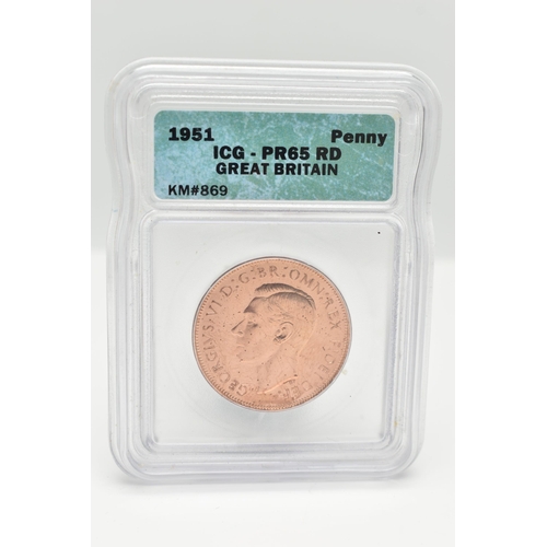 212 - A 1951 GEORGE V1 PROOF PENNY COIN SLABBED and GRADED by  I.C.G. And Verified PR65 RD (1415600101)