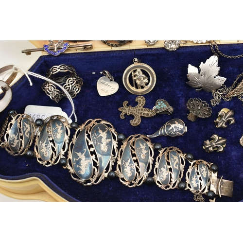 215 - A SELECTION OF SILVER AND WHITE METAL JEWELLERY, to include a Siam bracelet, brooch and pair of earr... 