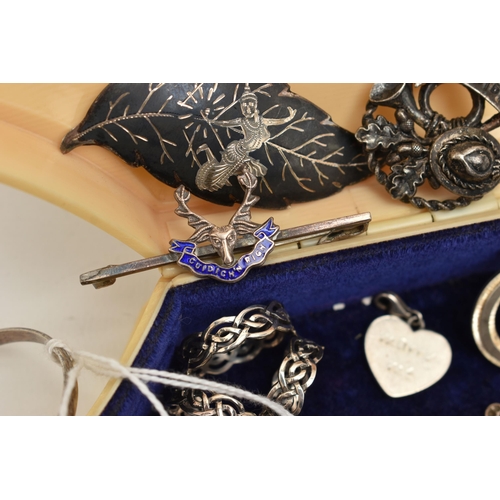 215 - A SELECTION OF SILVER AND WHITE METAL JEWELLERY, to include a Siam bracelet, brooch and pair of earr... 