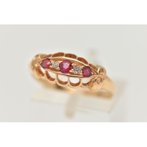 216 - A RUBY AND DIAMOND RING, designed as three graduated rubies interspaced by single cut diamonds, to t... 