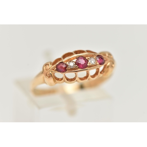 216 - A RUBY AND DIAMOND RING, designed as three graduated rubies interspaced by single cut diamonds, to t... 