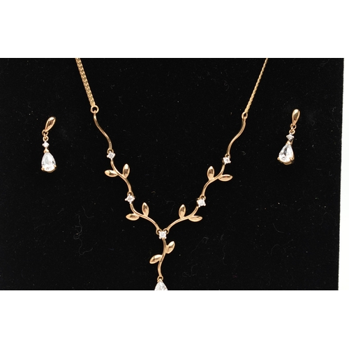 217 - A 9CT GOLD NECKLACE AND DROP EARRINGS, the necklace designed as a V-shape foliate line set with circ... 