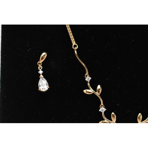 217 - A 9CT GOLD NECKLACE AND DROP EARRINGS, the necklace designed as a V-shape foliate line set with circ... 