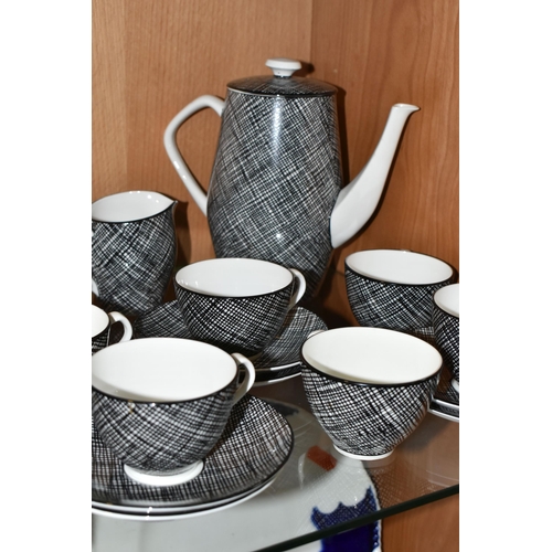 316 - A FIFTEEN PIECE CROWN STAFFORDSHIRE QUEENSBERRY COFFEE SET, mid twentieth century, with a black and ... 