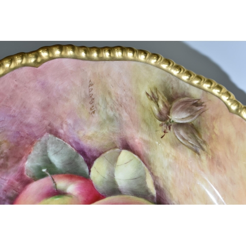 319 - A COALPORT HAND PAINTED CABINET PLATE, with gilt rim, hand painted with apples, grapes and hazel nut... 