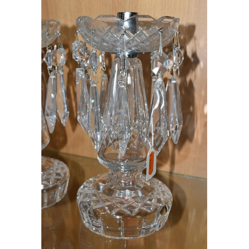 323 - A PAIR OF WATERFORD CRYSTAL LUSTRES, each with ten sets of crystal drops, Waterford acid etched mark... 