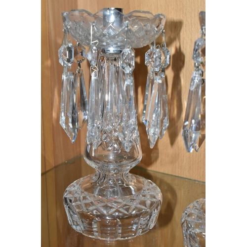 323 - A PAIR OF WATERFORD CRYSTAL LUSTRES, each with ten sets of crystal drops, Waterford acid etched mark... 