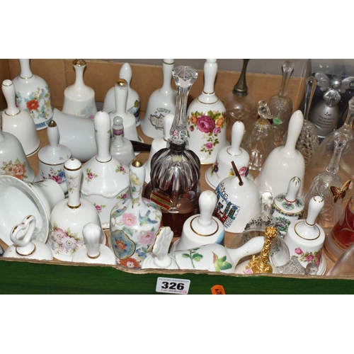 326 - TWO BOXES OF DECORATIVE CERAMIC AND GLASS BELLS, over eighty bells, including crystal examples, figu... 