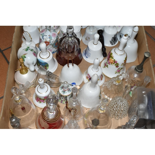 326 - TWO BOXES OF DECORATIVE CERAMIC AND GLASS BELLS, over eighty bells, including crystal examples, figu... 