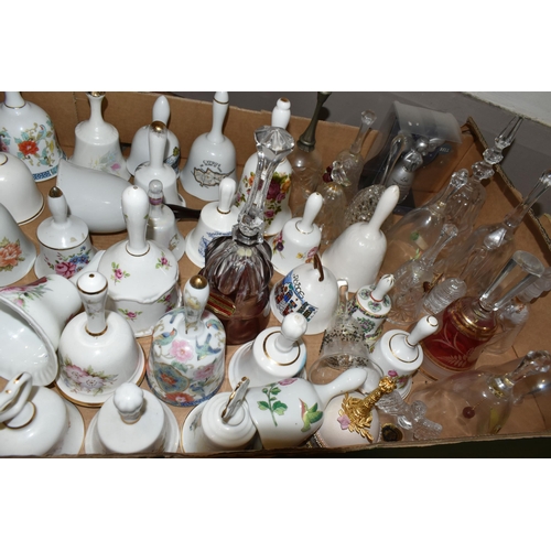 326 - TWO BOXES OF DECORATIVE CERAMIC AND GLASS BELLS, over eighty bells, including crystal examples, figu... 