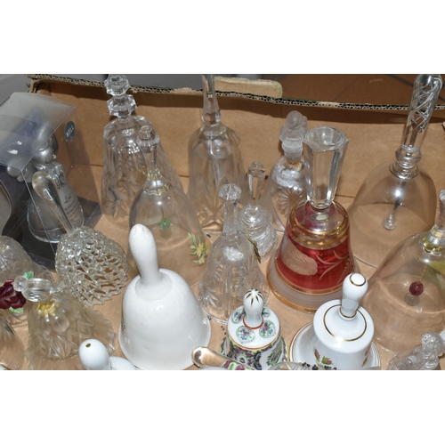 326 - TWO BOXES OF DECORATIVE CERAMIC AND GLASS BELLS, over eighty bells, including crystal examples, figu... 