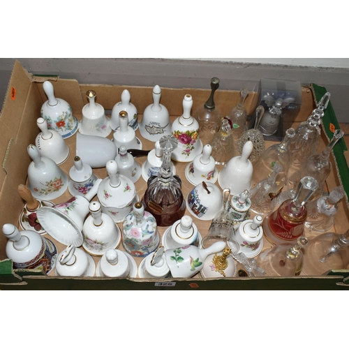 326 - TWO BOXES OF DECORATIVE CERAMIC AND GLASS BELLS, over eighty bells, including crystal examples, figu... 