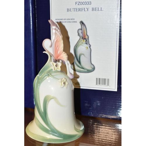 328 - FOUR BOXED FRANZ PORCELAIN BELLS, comprising Hummingbird Bell FZ00709, Poppy Bell FZ01272, Butterfly... 