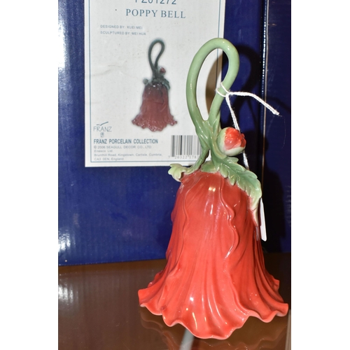 328 - FOUR BOXED FRANZ PORCELAIN BELLS, comprising Hummingbird Bell FZ00709, Poppy Bell FZ01272, Butterfly... 