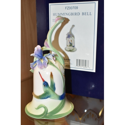 328 - FOUR BOXED FRANZ PORCELAIN BELLS, comprising Hummingbird Bell FZ00709, Poppy Bell FZ01272, Butterfly... 