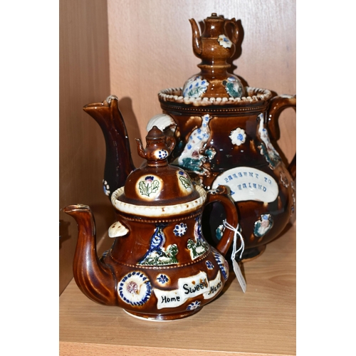 333 - TWO MEASHAM BARGEWARE STYLE TEAPOTS, heights 29cm and 19cm (2) (Condition Report: good condition, no... 