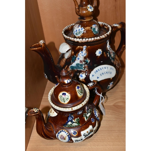 333 - TWO MEASHAM BARGEWARE STYLE TEAPOTS, heights 29cm and 19cm (2) (Condition Report: good condition, no... 