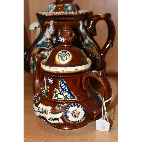 333 - TWO MEASHAM BARGEWARE STYLE TEAPOTS, heights 29cm and 19cm (2) (Condition Report: good condition, no... 