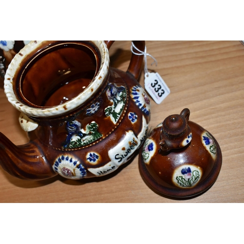 333 - TWO MEASHAM BARGEWARE STYLE TEAPOTS, heights 29cm and 19cm (2) (Condition Report: good condition, no... 