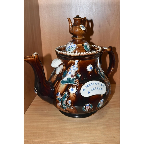 333 - TWO MEASHAM BARGEWARE STYLE TEAPOTS, heights 29cm and 19cm (2) (Condition Report: good condition, no... 