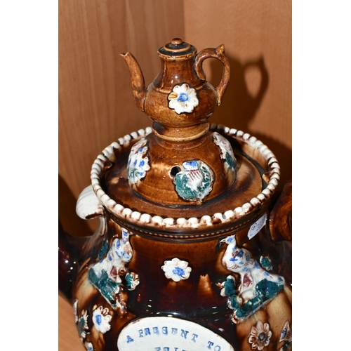 333 - TWO MEASHAM BARGEWARE STYLE TEAPOTS, heights 29cm and 19cm (2) (Condition Report: good condition, no... 