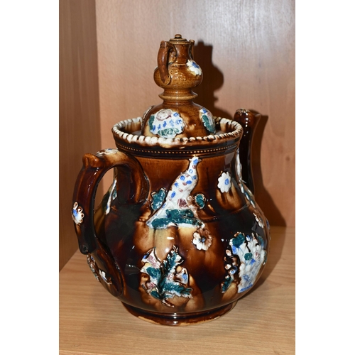 333 - TWO MEASHAM BARGEWARE STYLE TEAPOTS, heights 29cm and 19cm (2) (Condition Report: good condition, no... 