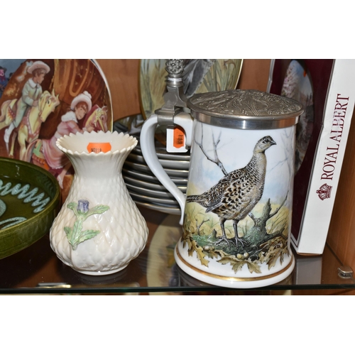 341 - A GROUP OF NAMED CERAMICS, comprising a large limited edition Franklin Porcelain 'The Gamebird Stein... 