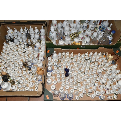 344 - THREE BOXES OF PORCELAIN BELL ORNAMENTS, over two hundred miniature holiday souvenir bells together ... 