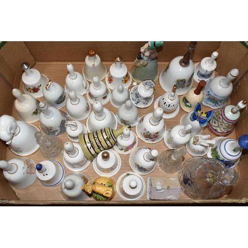 344 - THREE BOXES OF PORCELAIN BELL ORNAMENTS, over two hundred miniature holiday souvenir bells together ... 