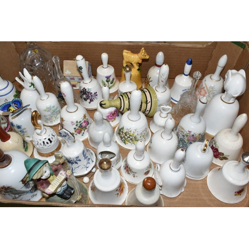 344 - THREE BOXES OF PORCELAIN BELL ORNAMENTS, over two hundred miniature holiday souvenir bells together ... 