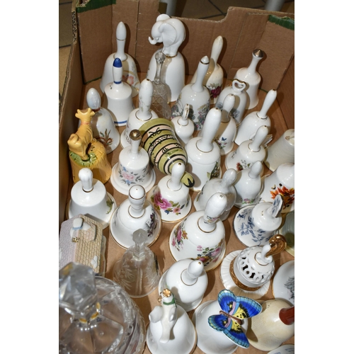 344 - THREE BOXES OF PORCELAIN BELL ORNAMENTS, over two hundred miniature holiday souvenir bells together ... 