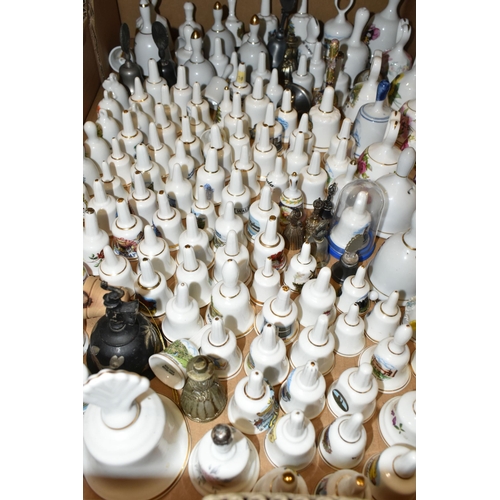 344 - THREE BOXES OF PORCELAIN BELL ORNAMENTS, over two hundred miniature holiday souvenir bells together ... 