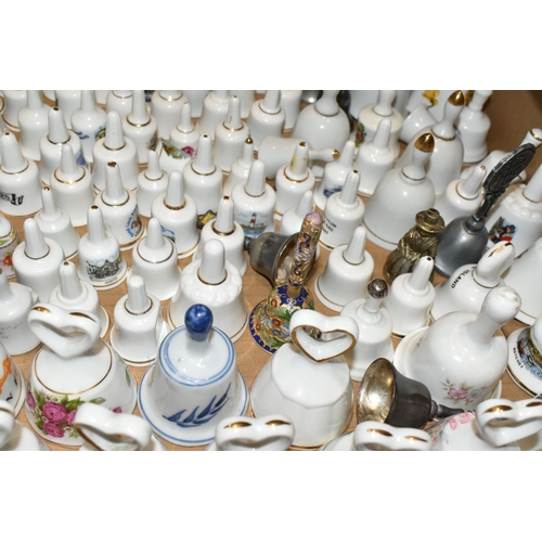 344 - THREE BOXES OF PORCELAIN BELL ORNAMENTS, over two hundred miniature holiday souvenir bells together ... 