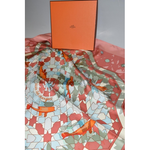 351 - A BOXED HERMÉS PRINTED SILK SCARF, comprising a Dusty Rose/Multi-Col.2 'Sous Les Orangers' design si... 