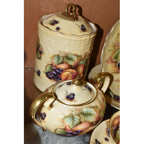 359 - A COLLECTION OF AYNSLEY 'ORCHARD GOLD' PATTERN PORCELAIN, comprising a jug, height 15cm, a scalloped... 