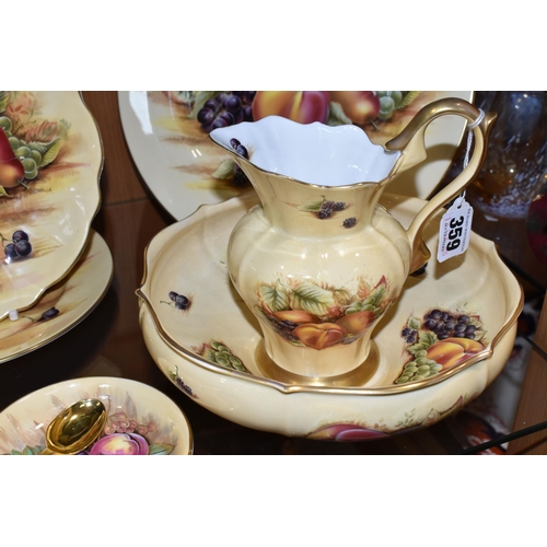 359 - A COLLECTION OF AYNSLEY 'ORCHARD GOLD' PATTERN PORCELAIN, comprising a jug, height 15cm, a scalloped... 