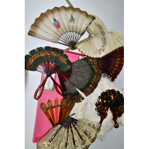 362 - A COLLECTION OF TEN LATE 19TH AND EARLY 20TH CENTURY FANS, comprising a large cream coloured Ostrich... 