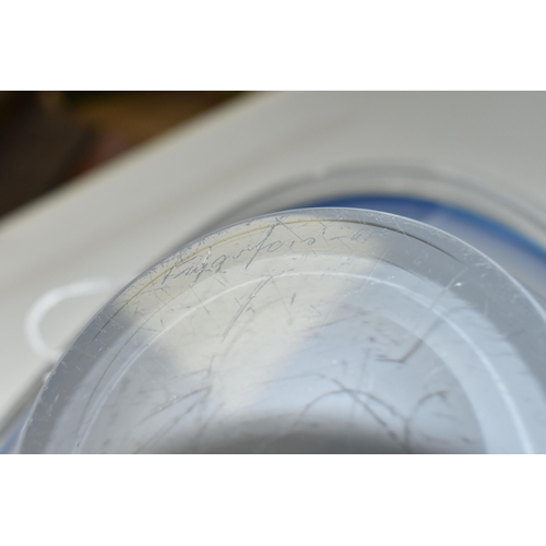 367 - THREE DECORATIVE STUDIO GLASS BOWLS, comprising a Flygsfors Coquille bowl, blue over white with a wh... 