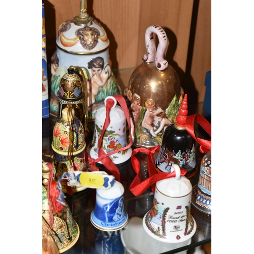 376 - SEVENTEEN CHRISTMAS THEMED BELLS, to include a Capodimonte bell with some restoration to the inside ... 