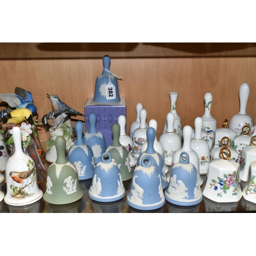 382 - A COLLECTION OF DECORATIVE BELLS, approximately fifty bells to include nine Wedgwood Jasperware exam... 